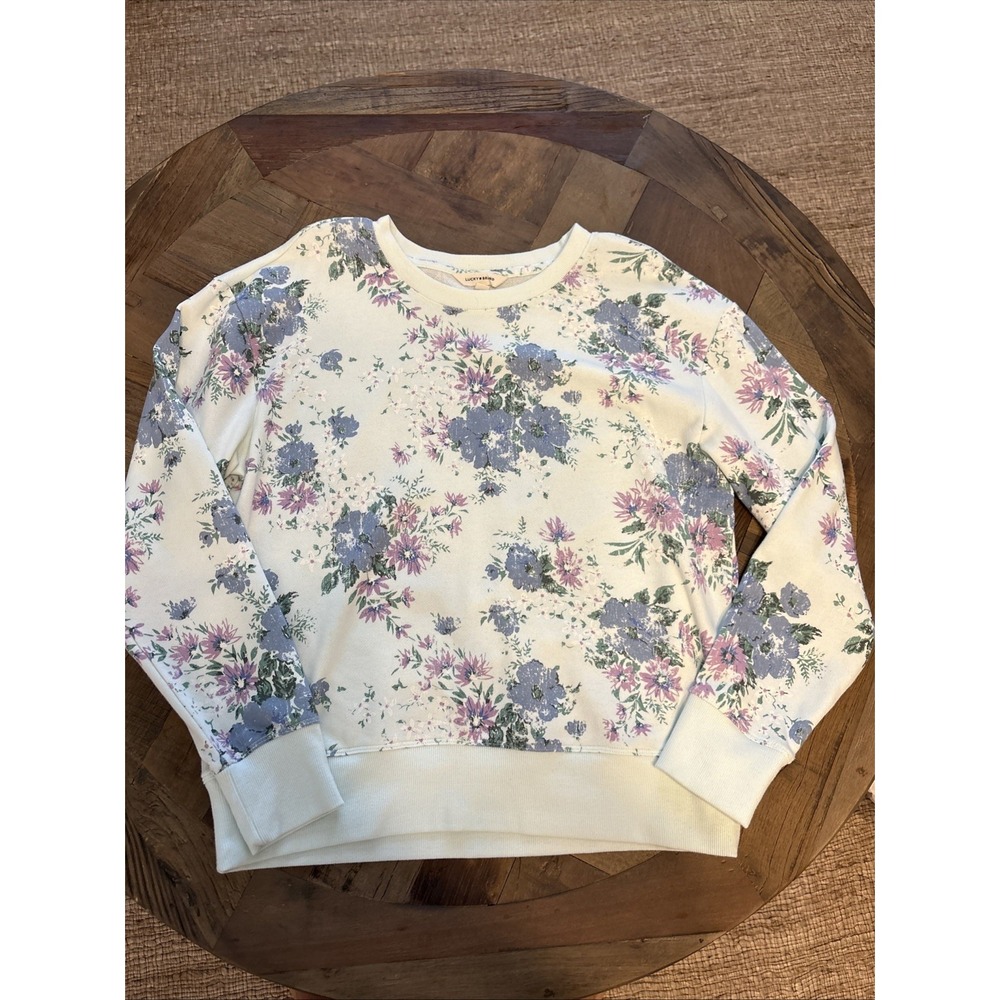 Lucky Brand Women's Sweatshirt M White Purple Blue Floral Crewneck Pullover